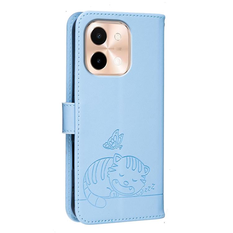 For vivo Y28 4G Cat Butterfly Embossed RFID Vegan Leather Phone Case with Strap
