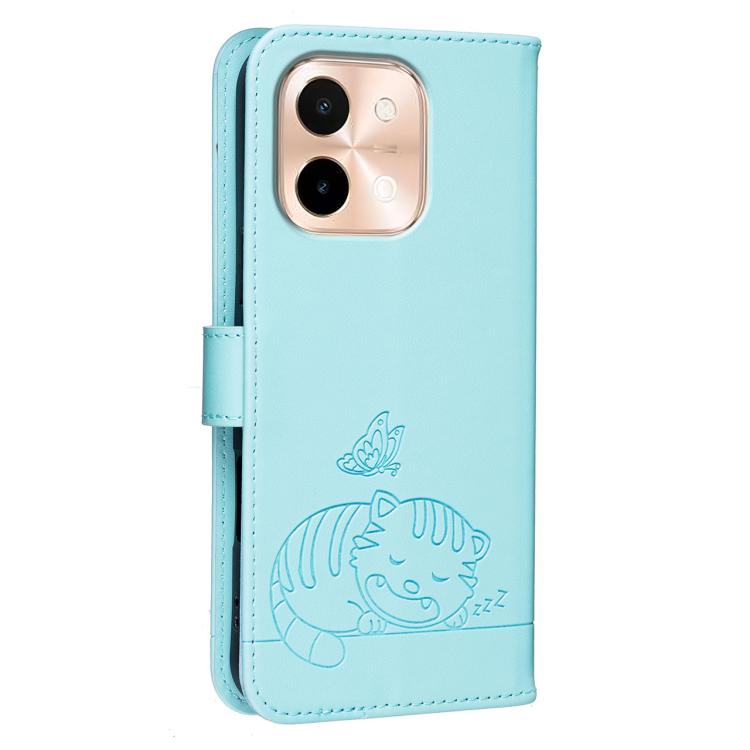 For vivo Y28 4G Cat Butterfly Embossed RFID Vegan Leather Phone Case with Strap