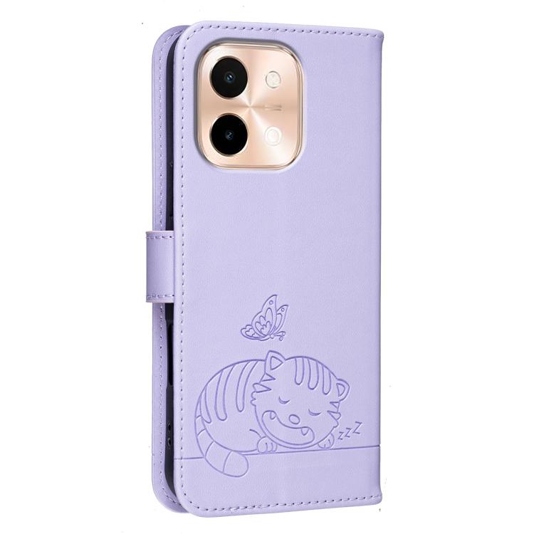 For vivo Y28 4G Cat Butterfly Embossed RFID Vegan Leather Phone Case with Strap