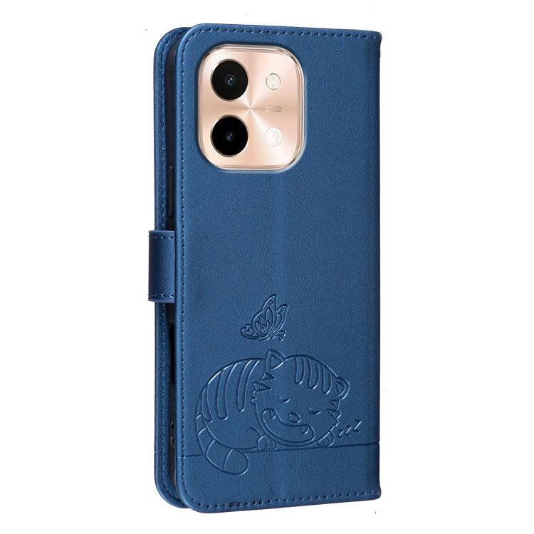 For vivo Y28 4G Cat Butterfly Embossed RFID Vegan Leather Phone Case with Strap