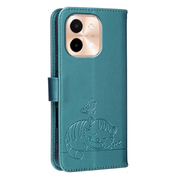 For vivo Y28 4G Cat Butterfly Embossed RFID Vegan Leather Phone Case with Strap