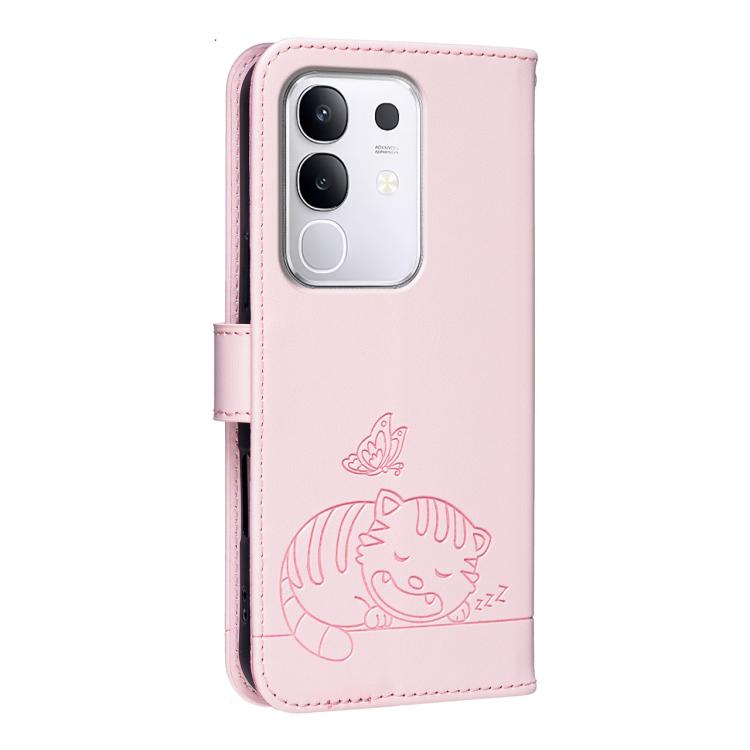 For vivo Y29 4G Cat Butterfly Embossed RFID Vegan Leather Phone Case with Strap