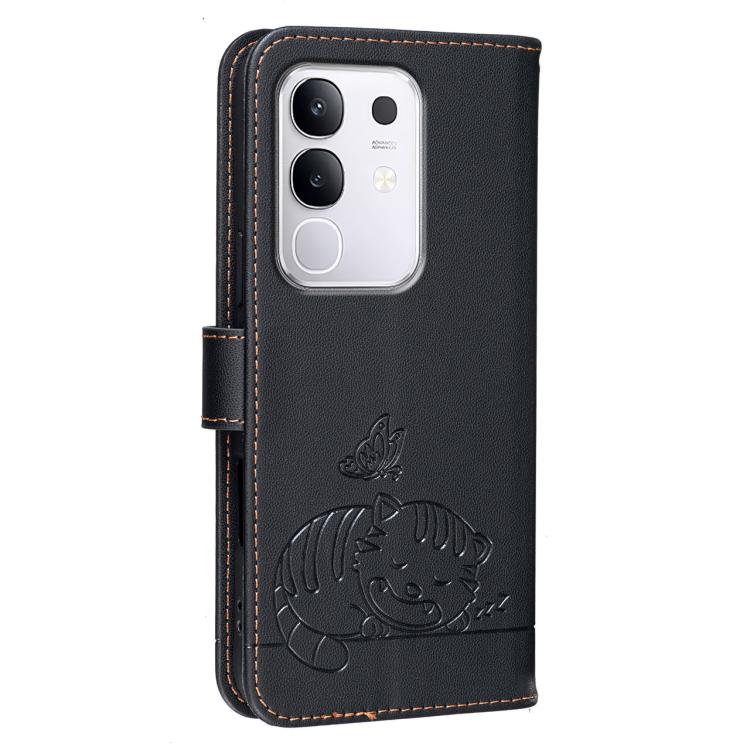 For vivo Y29 4G Cat Butterfly Embossed RFID Vegan Leather Phone Case with Strap