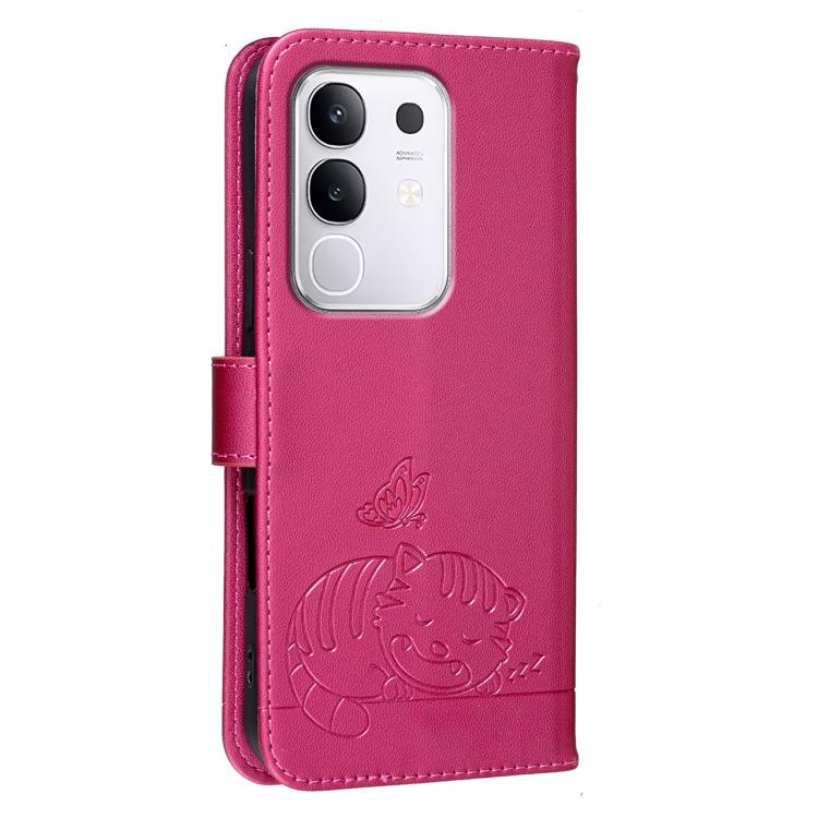 For vivo Y29 4G Cat Butterfly Embossed RFID Vegan Leather Phone Case with Strap