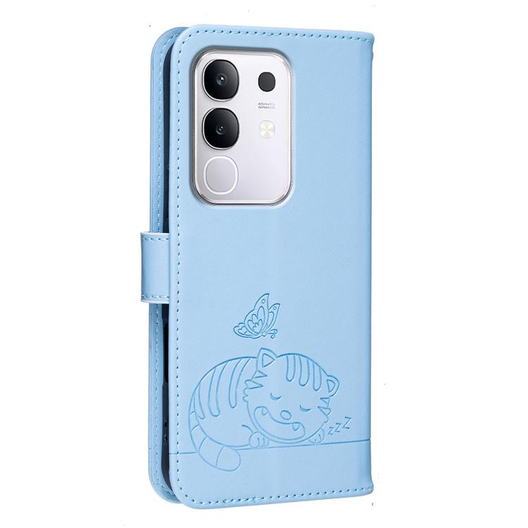 For vivo Y29 4G Cat Butterfly Embossed RFID Vegan Leather Phone Case with Strap