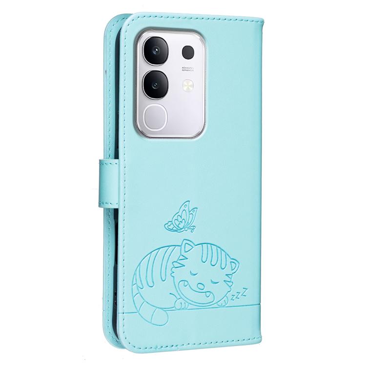 For vivo Y29 4G Cat Butterfly Embossed RFID Vegan Leather Phone Case with Strap