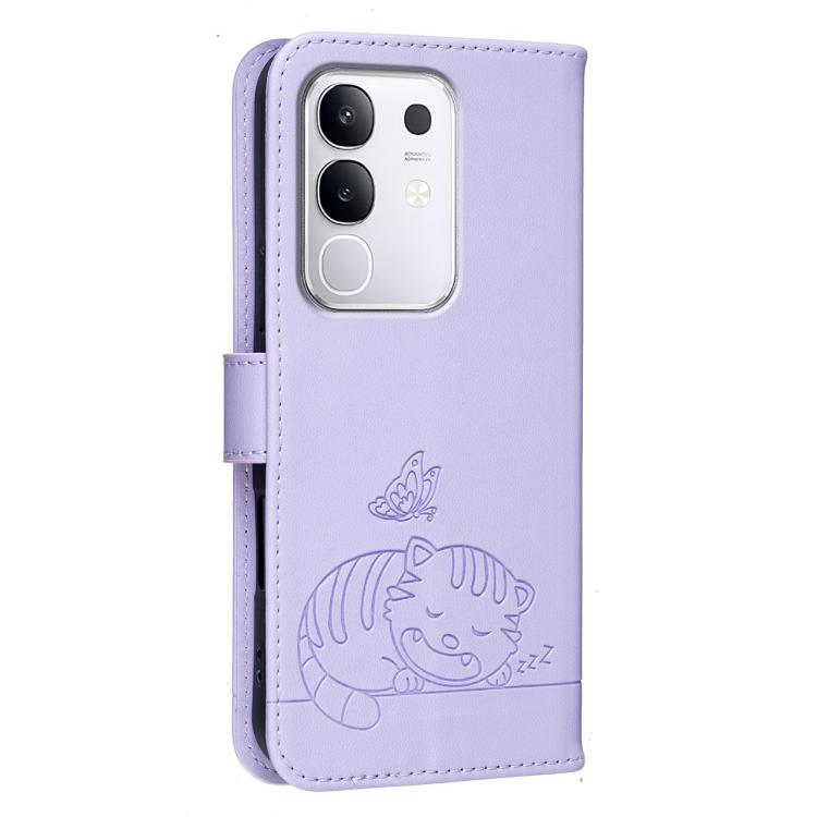 For vivo Y29 4G Cat Butterfly Embossed RFID Vegan Leather Phone Case with Strap