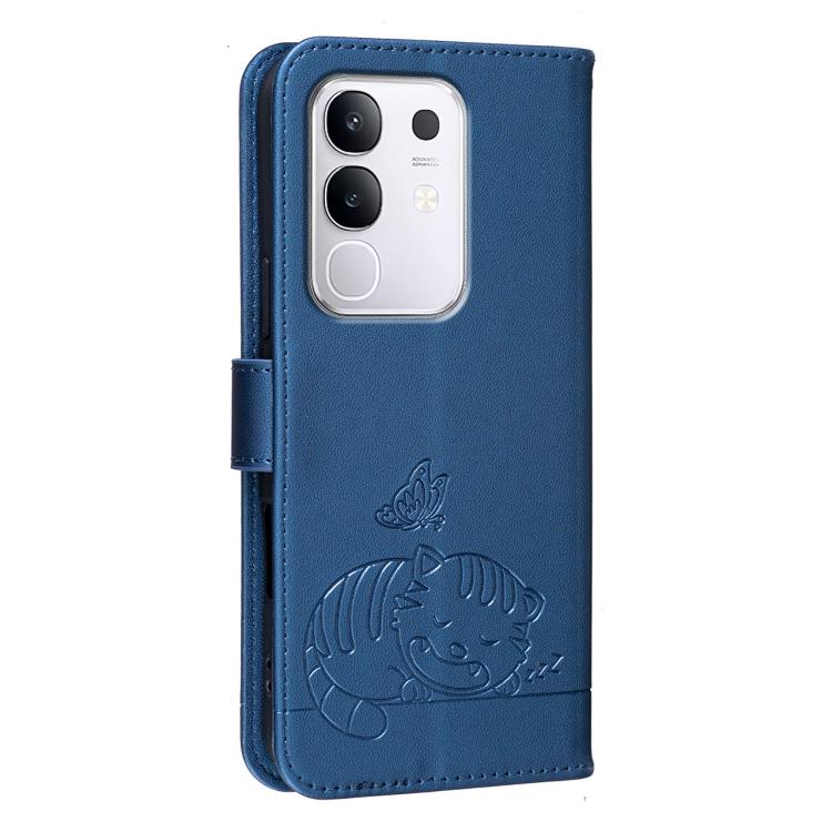 For vivo Y29 4G Cat Butterfly Embossed RFID Vegan Leather Phone Case with Strap