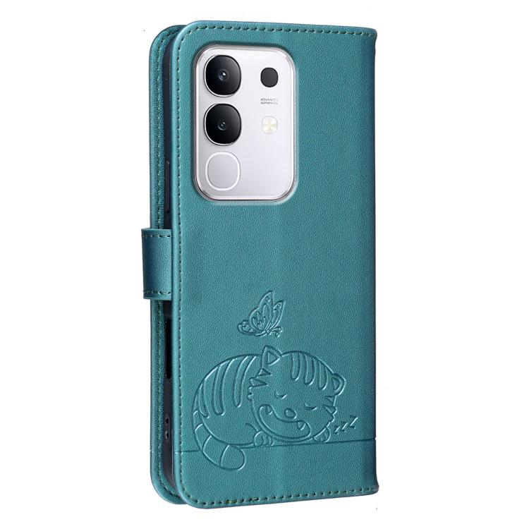 For vivo Y29 4G Cat Butterfly Embossed RFID Vegan Leather Phone Case with Strap