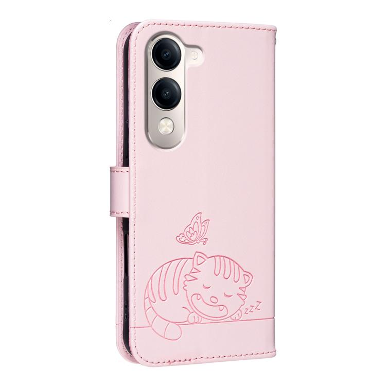 For vivo Y29s 5G Cat Butterfly Embossed RFID Vegan Leather Phone Case with Strap