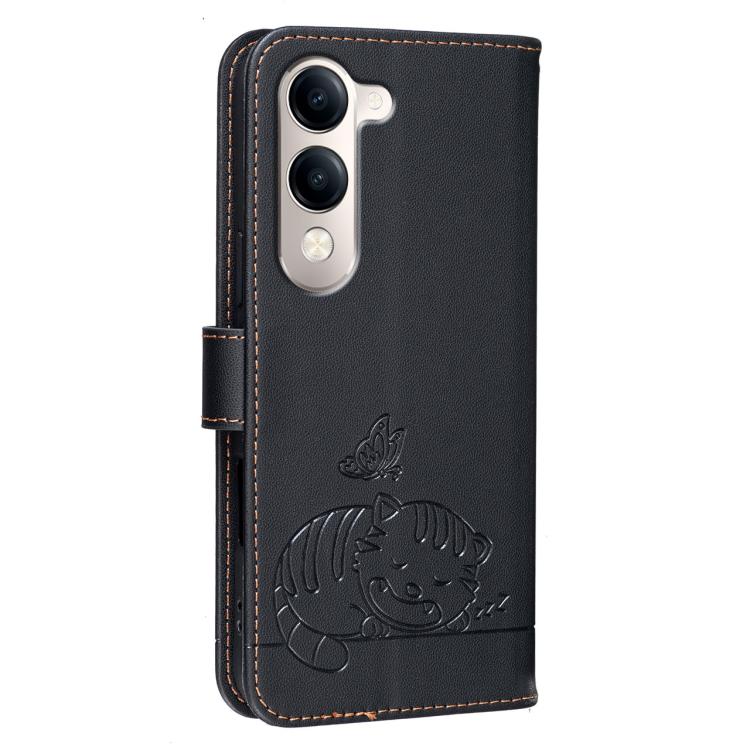 For vivo Y29s 5G Cat Butterfly Embossed RFID Vegan Leather Phone Case with Strap