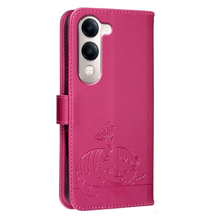 For vivo Y29s 5G Cat Butterfly Embossed RFID Vegan Leather Phone Case with Strap