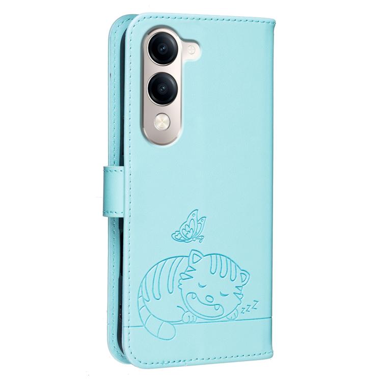 For vivo Y29s 5G Cat Butterfly Embossed RFID Vegan Leather Phone Case with Strap