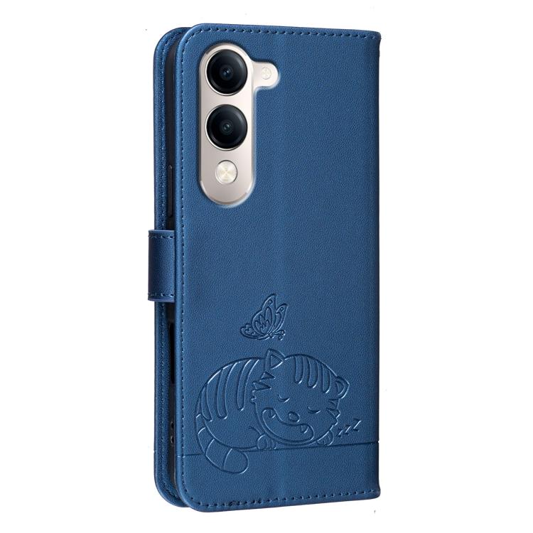 For vivo Y29s 5G Cat Butterfly Embossed RFID Vegan Leather Phone Case with Strap