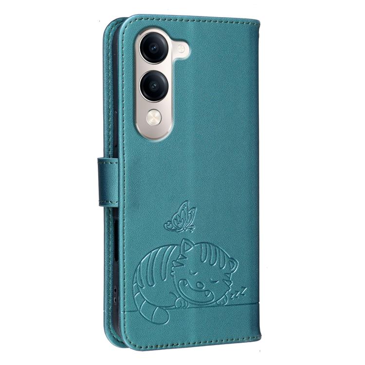 For vivo Y29s 5G Cat Butterfly Embossed RFID Vegan Leather Phone Case with Strap