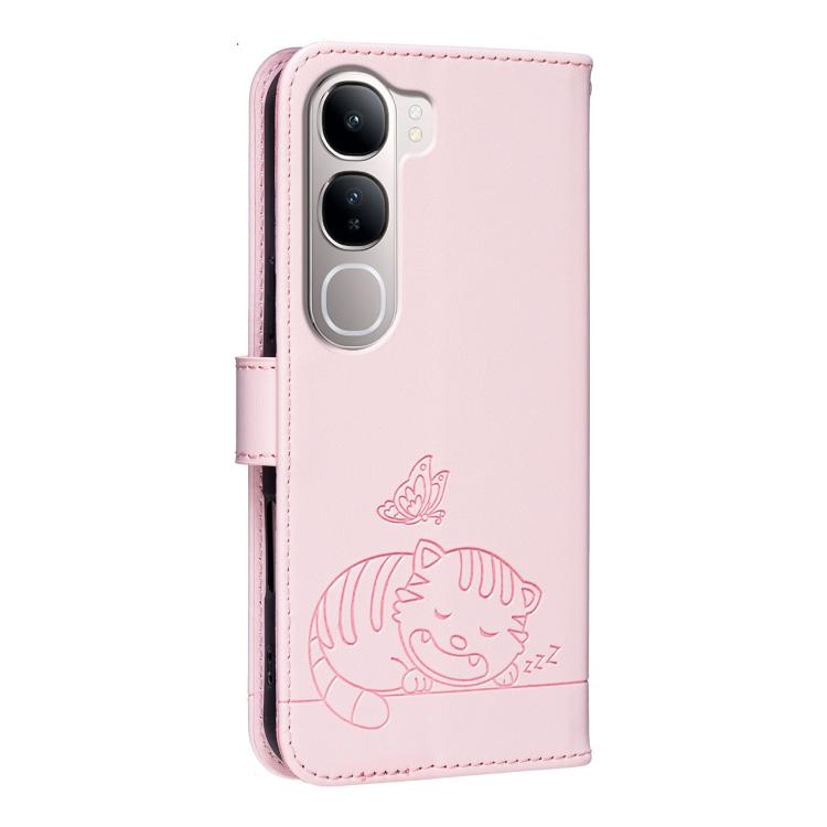 For vivo Y31 Cat Butterfly Embossed RFID Vegan Leather Phone Case with Strap