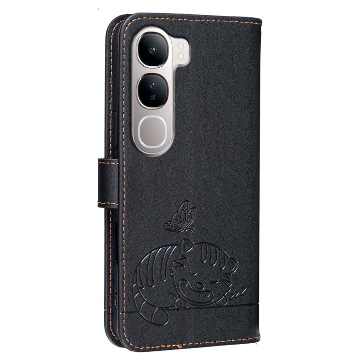 For vivo Y31 Cat Butterfly Embossed RFID Vegan Leather Phone Case with Strap