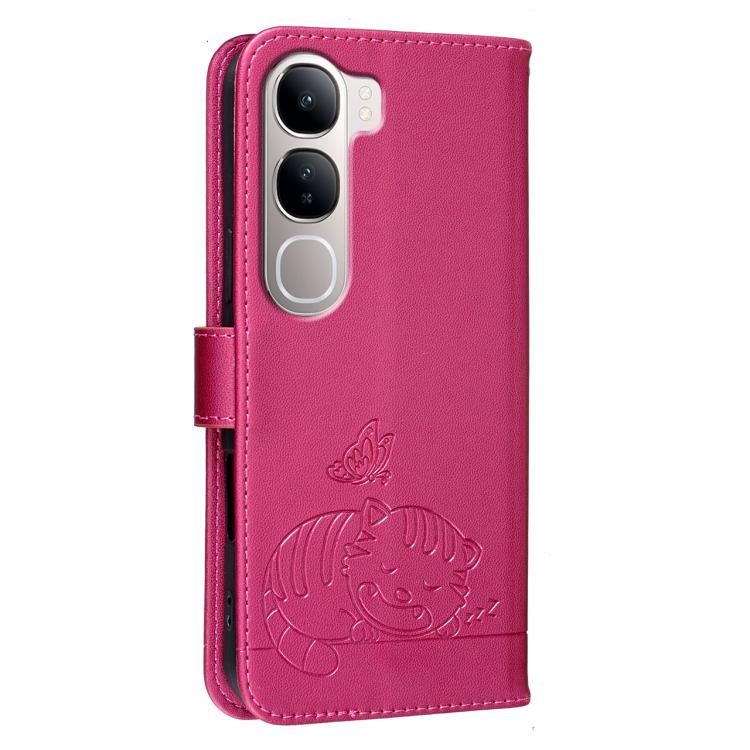 For vivo Y31 Cat Butterfly Embossed RFID Vegan Leather Phone Case with Strap