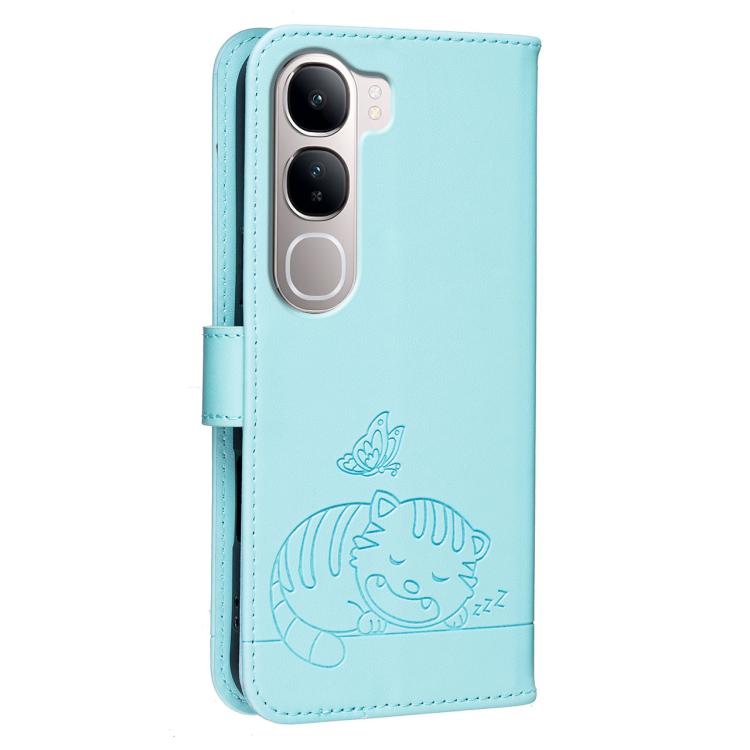 For vivo Y31 Cat Butterfly Embossed RFID Vegan Leather Phone Case with Strap