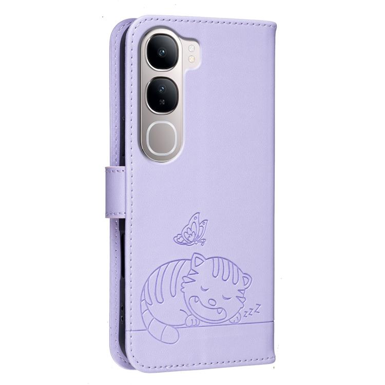 For vivo Y31 Cat Butterfly Embossed RFID Vegan Leather Phone Case with Strap