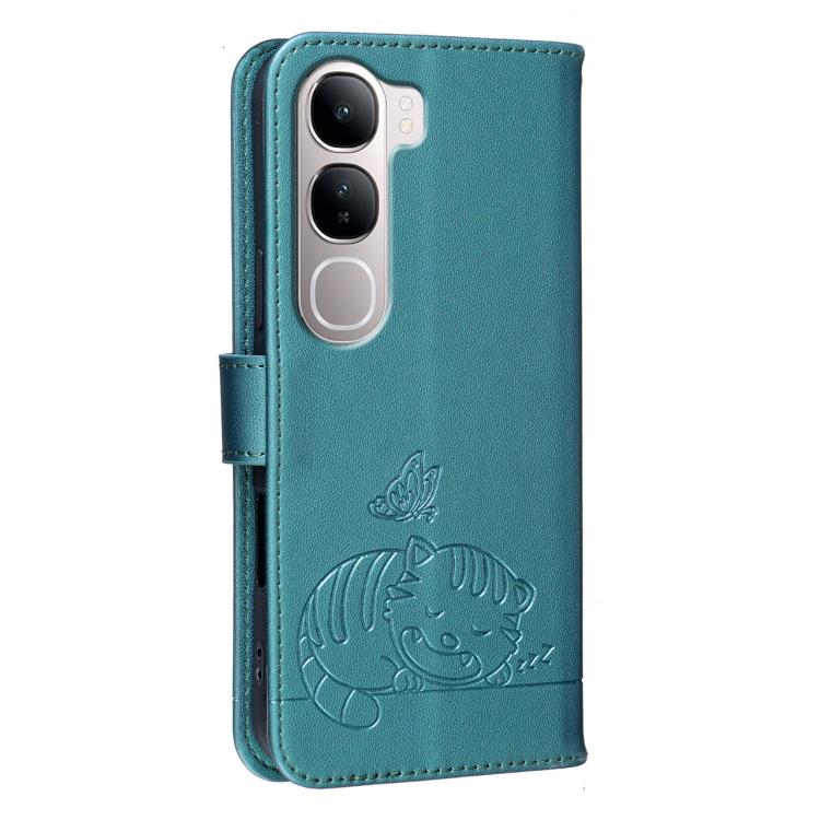 For vivo Y31 Cat Butterfly Embossed RFID Vegan Leather Phone Case with Strap