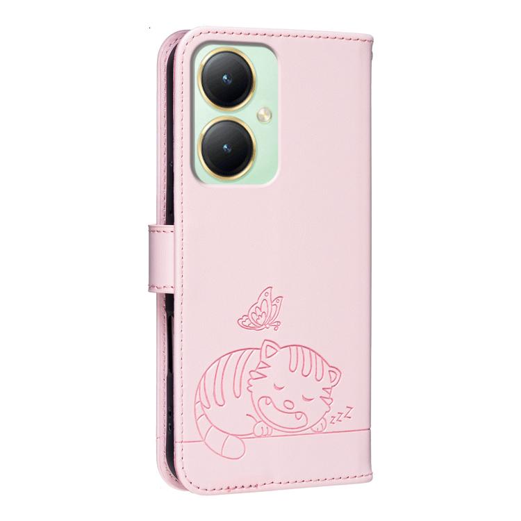 For vivo Y35m+ Cat Butterfly Embossed RFID Vegan Leather Phone Case with Strap