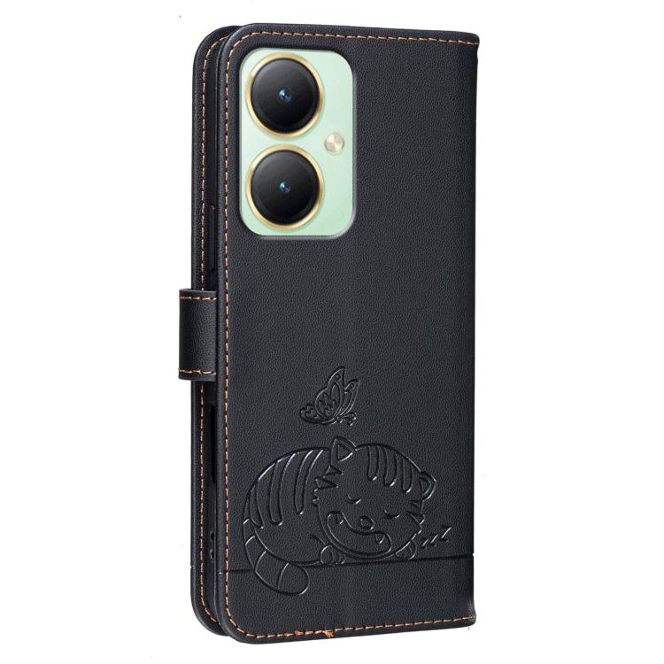 For vivo Y35m+ Cat Butterfly Embossed RFID Vegan Leather Phone Case with Strap