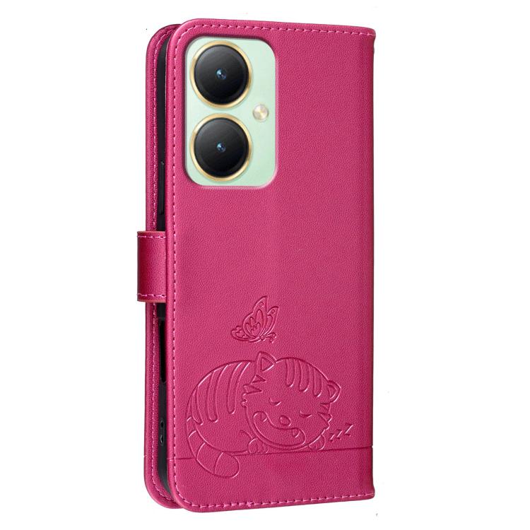 For vivo Y35m+ Cat Butterfly Embossed RFID Vegan Leather Phone Case with Strap