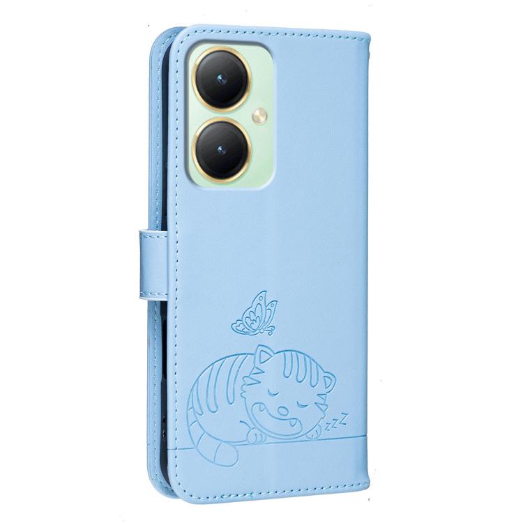 For vivo Y35m+ Cat Butterfly Embossed RFID Vegan Leather Phone Case with Strap