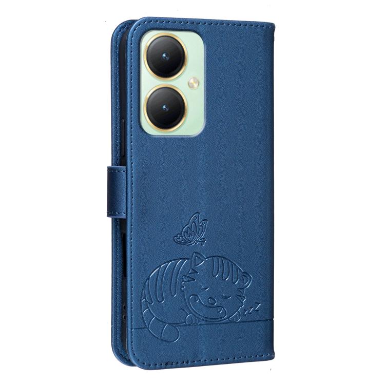 For vivo Y35m+ Cat Butterfly Embossed RFID Vegan Leather Phone Case with Strap