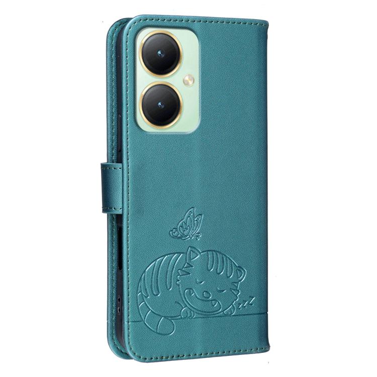 For vivo Y35m+ Cat Butterfly Embossed RFID Vegan Leather Phone Case with Strap