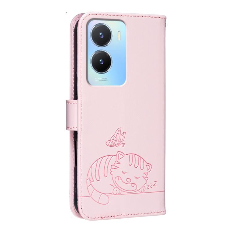 For vivo Y56 Cat Butterfly Embossed RFID Vegan Leather Phone Case with Strap