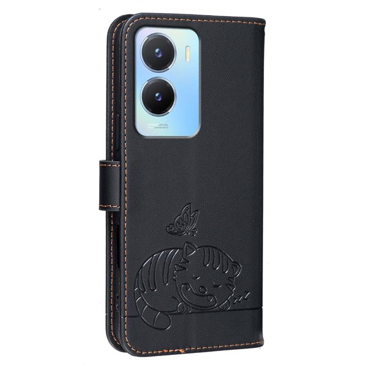 For vivo Y56 Cat Butterfly Embossed RFID Vegan Leather Phone Case with Strap