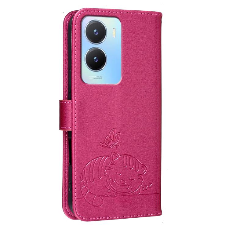 For vivo Y56 Cat Butterfly Embossed RFID Vegan Leather Phone Case with Strap