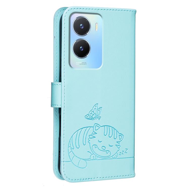 For vivo Y56 Cat Butterfly Embossed RFID Vegan Leather Phone Case with Strap