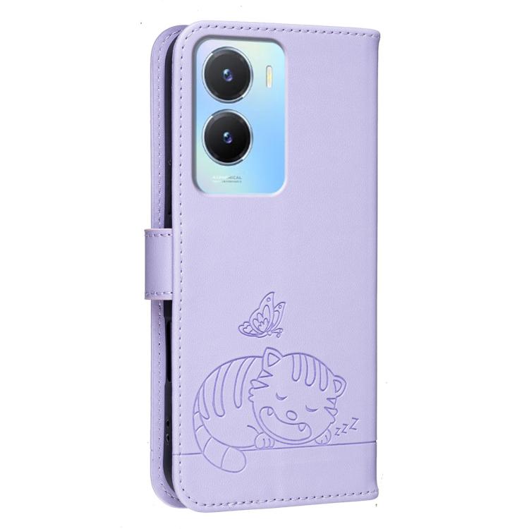 For vivo Y56 Cat Butterfly Embossed RFID Vegan Leather Phone Case with Strap