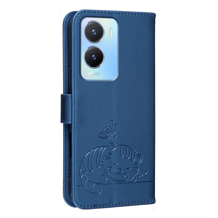 For vivo Y56 Cat Butterfly Embossed RFID Vegan Leather Phone Case with Strap