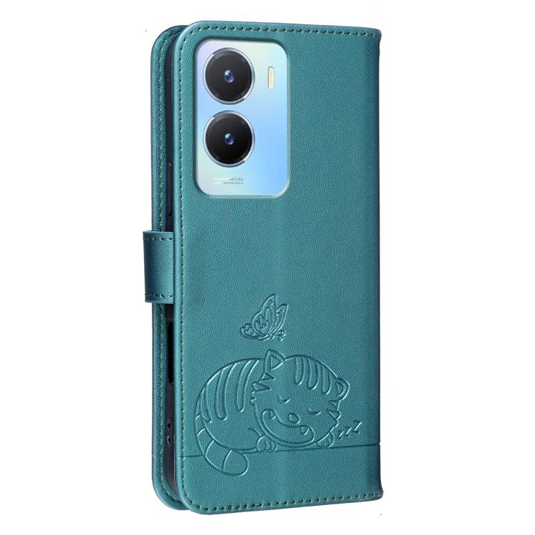 For vivo Y56 Cat Butterfly Embossed RFID Vegan Leather Phone Case with Strap