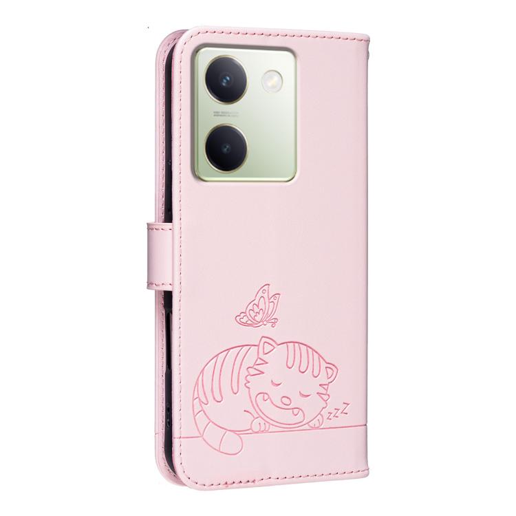 For vivo Y100 Cat Butterfly Embossed RFID Vegan Leather Phone Case with Strap