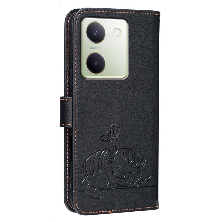 For vivo Y100 Cat Butterfly Embossed RFID Vegan Leather Phone Case with Strap