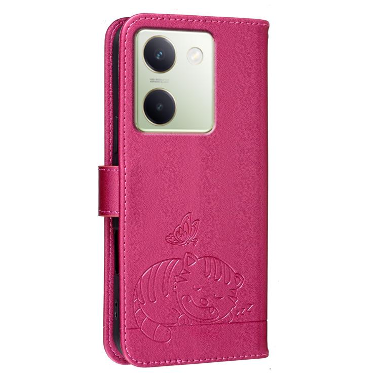 For vivo Y100 Cat Butterfly Embossed RFID Vegan Leather Phone Case with Strap