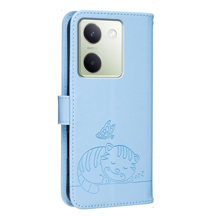 For vivo Y100 Cat Butterfly Embossed RFID Vegan Leather Phone Case with Strap