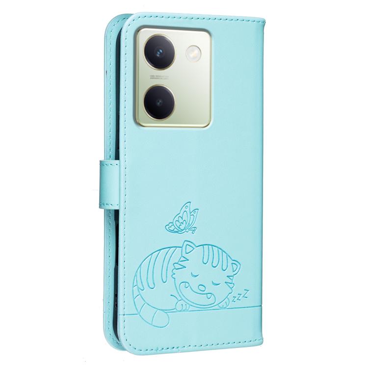 For vivo Y100 Cat Butterfly Embossed RFID Vegan Leather Phone Case with Strap