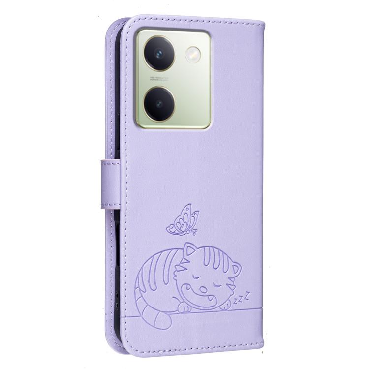 For vivo Y100 Cat Butterfly Embossed RFID Vegan Leather Phone Case with Strap