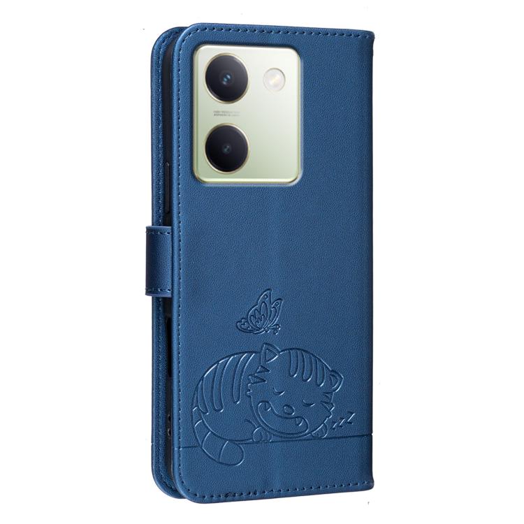 For vivo Y100 Cat Butterfly Embossed RFID Vegan Leather Phone Case with Strap
