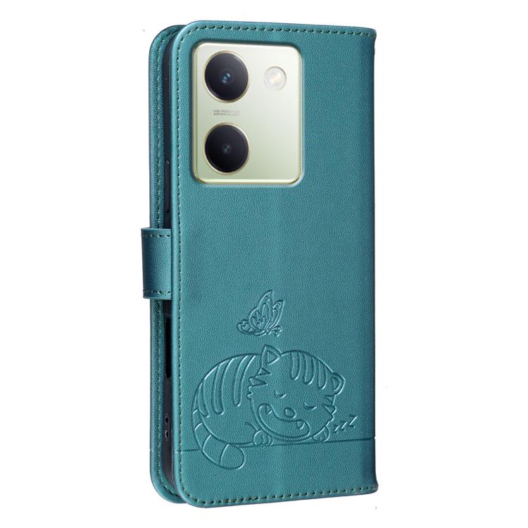 For vivo Y100 Cat Butterfly Embossed RFID Vegan Leather Phone Case with Strap