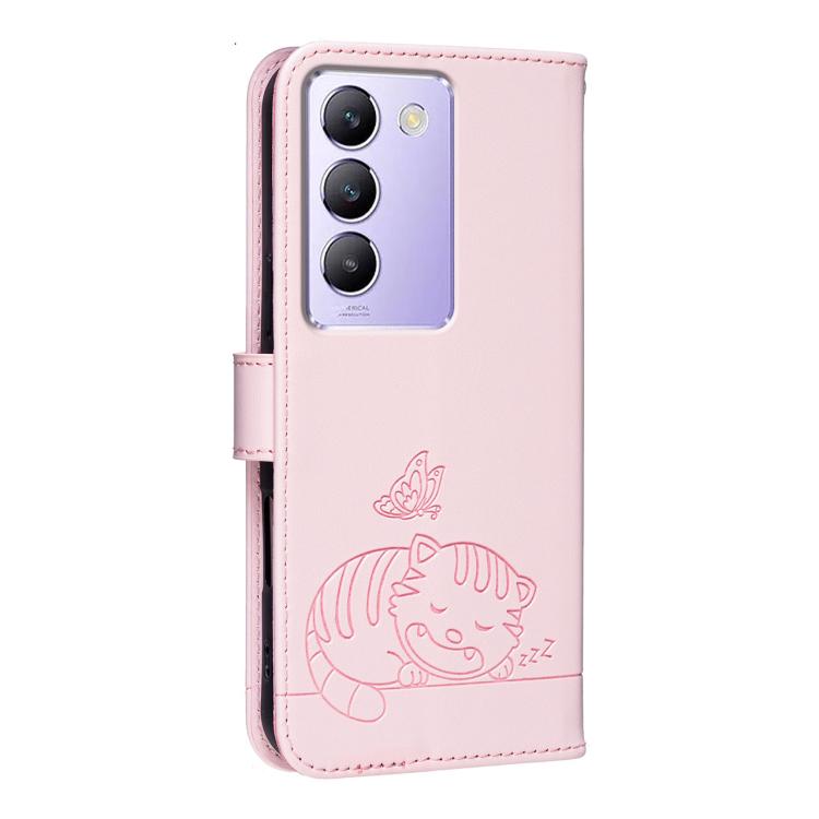 For vivo Y200e Cat Butterfly Embossed RFID Vegan Leather Phone Case with Strap