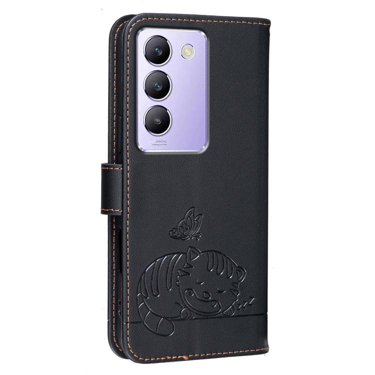 For vivo Y200e Cat Butterfly Embossed RFID Vegan Leather Phone Case with Strap