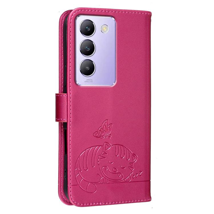 For vivo Y200e Cat Butterfly Embossed RFID Vegan Leather Phone Case with Strap
