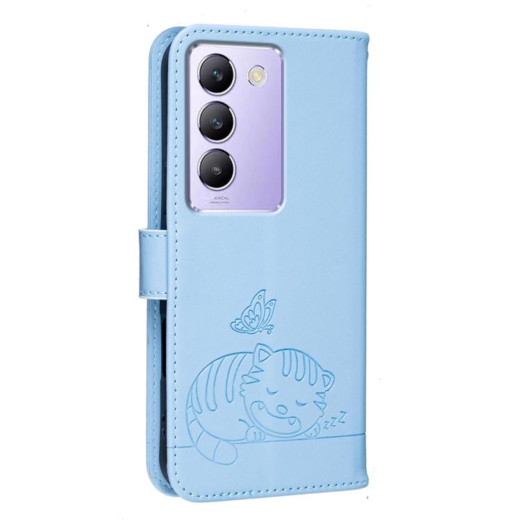 For vivo Y200e Cat Butterfly Embossed RFID Vegan Leather Phone Case with Strap